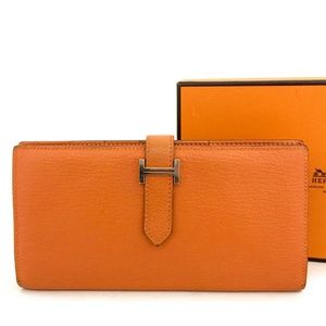 HERMES Classic Orange Leather/Palladium Silver H Logo Bearn Long Wallet + Box